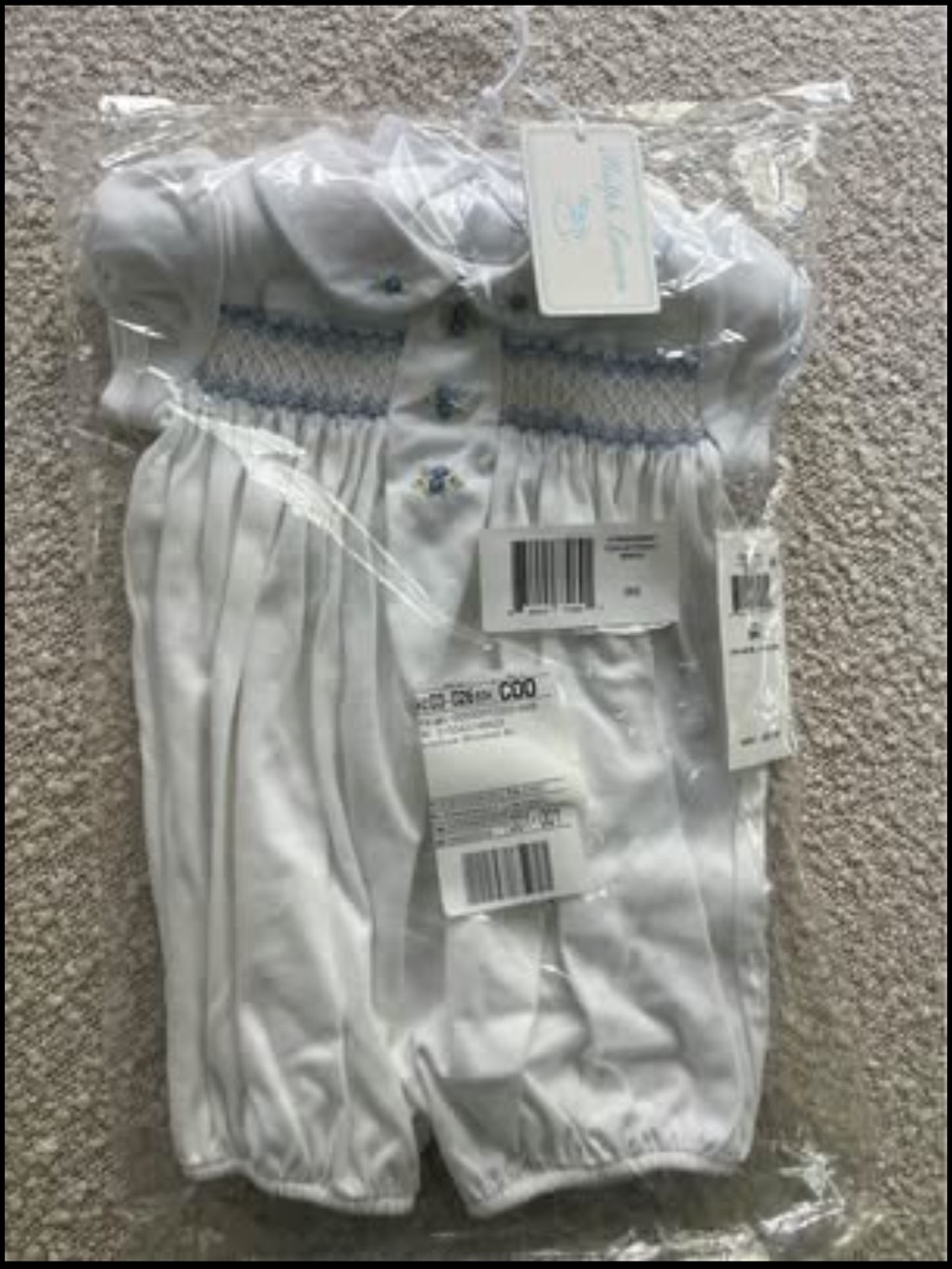 Ralph Lauren White Infant One-Piece with Light Blue Smocking